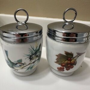 Royal Worcester Evesham porcelain egg coddlers with chrome lids 1970
